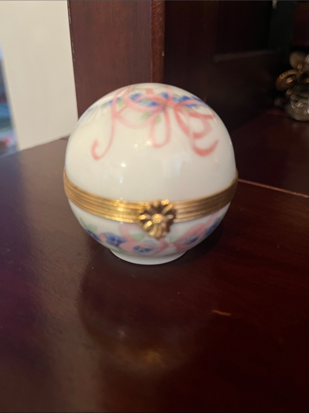 Limoges White Porcelain Trinket Box with Blue Floral Garland and Gold Trim